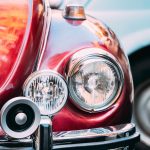 Close Up Headlight Of Old Retro Vintage Red Color Car
